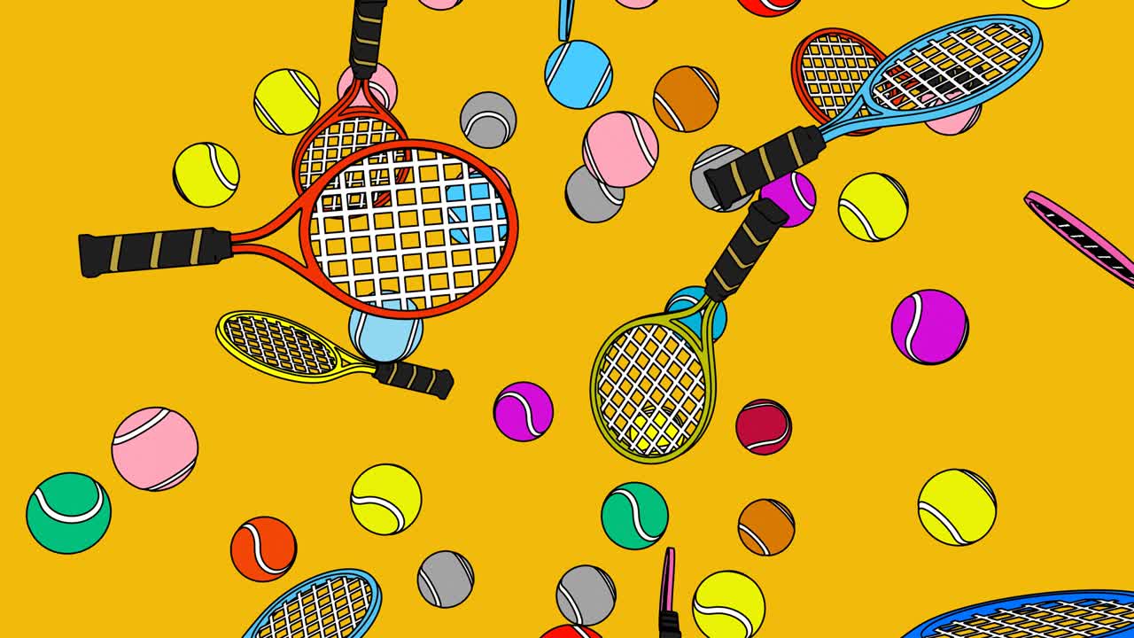 노란색 배경에 다채로운 테니스 공과 테니스 라켓을 그렸습니다.