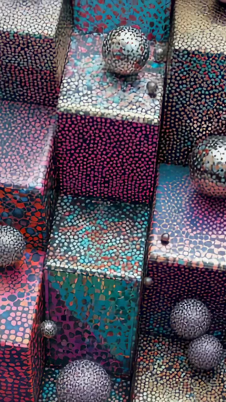 Vertical video: Shifting camera nudging spheres rolling, settling on stepped display with dots