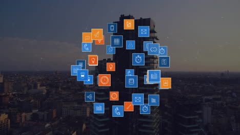 animación de iconos de medios sobre el paisaje urbano