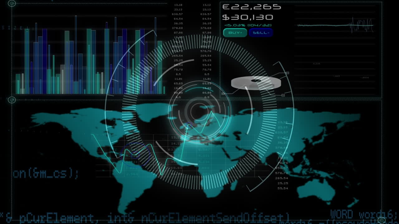 animación del mapa del mundo y procesamiento de datos diversos en pantalla digital