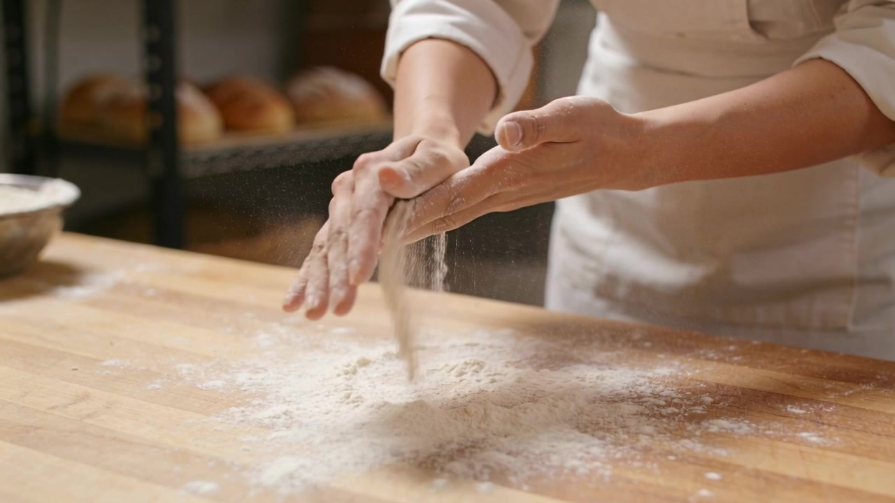 Rubbing baker hands after scattering flour, wearing chef coat, readying bench with loaves in bakery