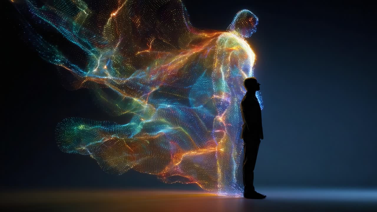 A captivating visual representation of a human figure entwined with a vibrant, colorful aura, showcasing the fusion of technology and art in a mesmerizing light display