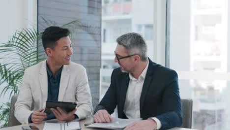 tablet, office handshake and people