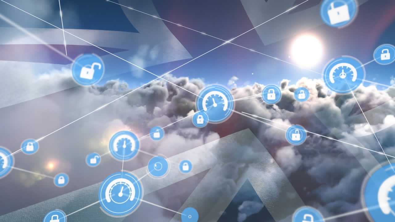 영국  ⁇ 발과 구름 위의 아이콘 연결 네트워크의 애니메이션