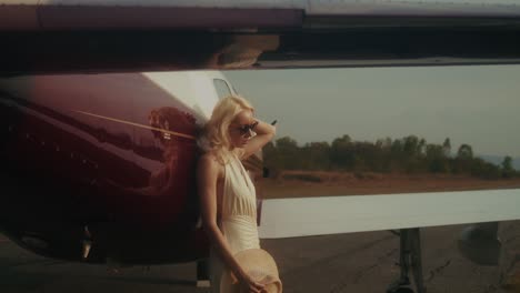 woman near private jet at sunset