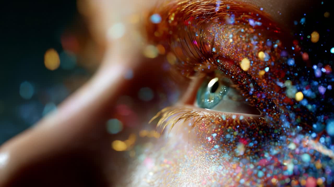 A stunning close-up of a human eye adorned with dazzling glitter and vibrant colors, capturing the mesmerizing beauty and intricate details of the surrounding sparkle and shine