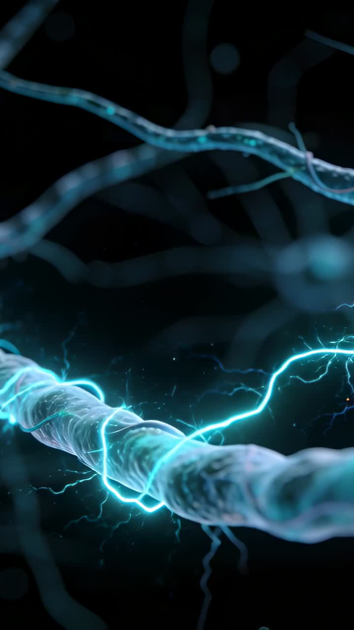 Vertical video: Charging filament sending cyan arcs in micro network to send signal with sparks
