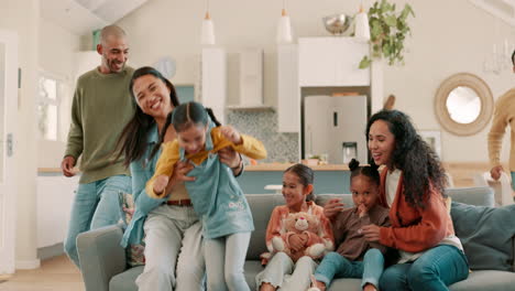 happy, big family and living room with parents