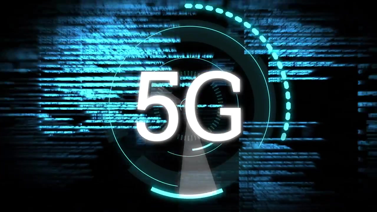Animazione di 5G ed elaborazione dati su sfondo nero