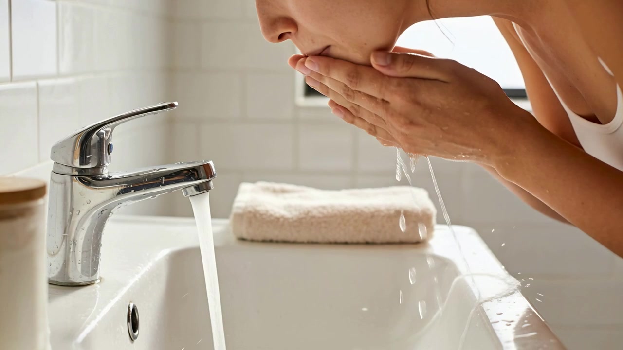 Mujer con camiseta de tirantes blanca recogiendo agua del grifo abierto, enjuagándose la cara y cogiendo una toalla en el lavabo del baño.