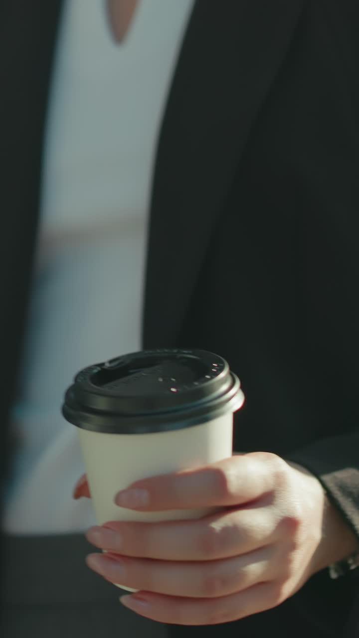 Close up of woman in business attire holding notepad and coffee cup drinks while walking by glass building reflecting blurred cityscape in sunlight with focus on hand gesture and beverage