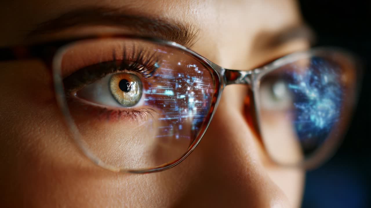 A close-up view of a woman's eye wearing glasses, focusing on reflections of digital data and futuristic visuals, emphasizing technology and clarity in a modern world-driven experience
