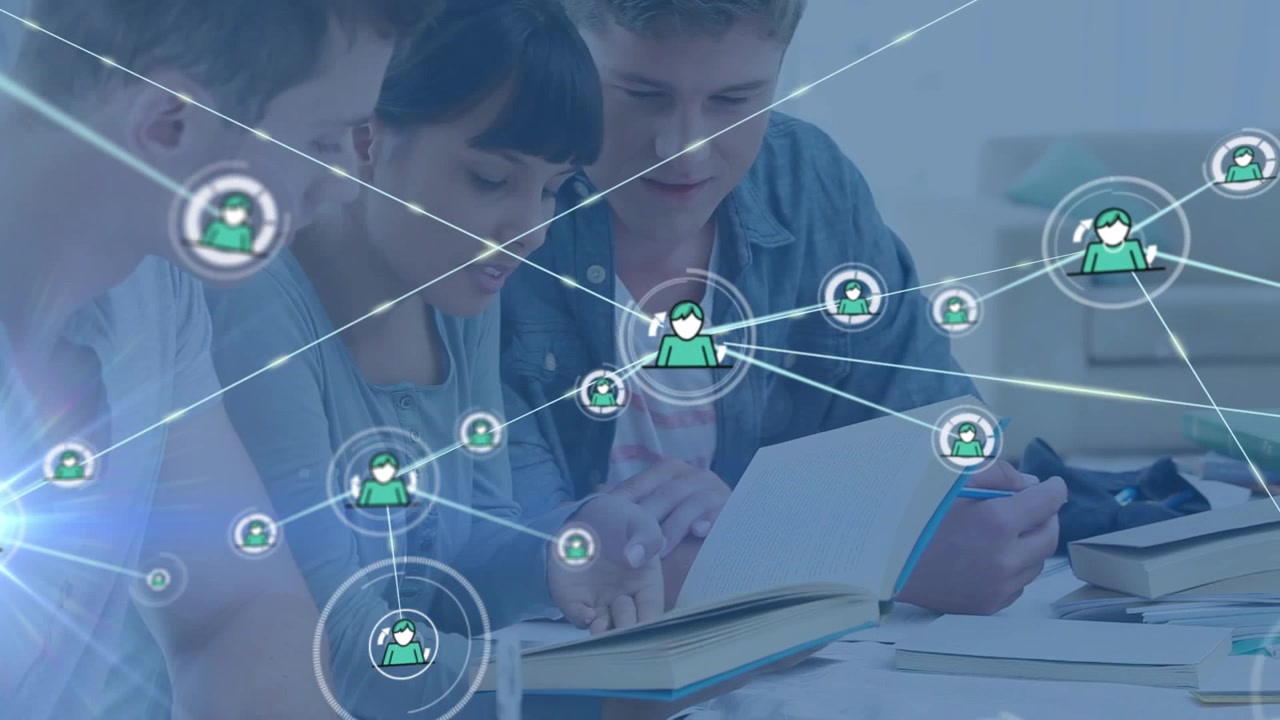 Students Studying Together with Digital Network Overlay