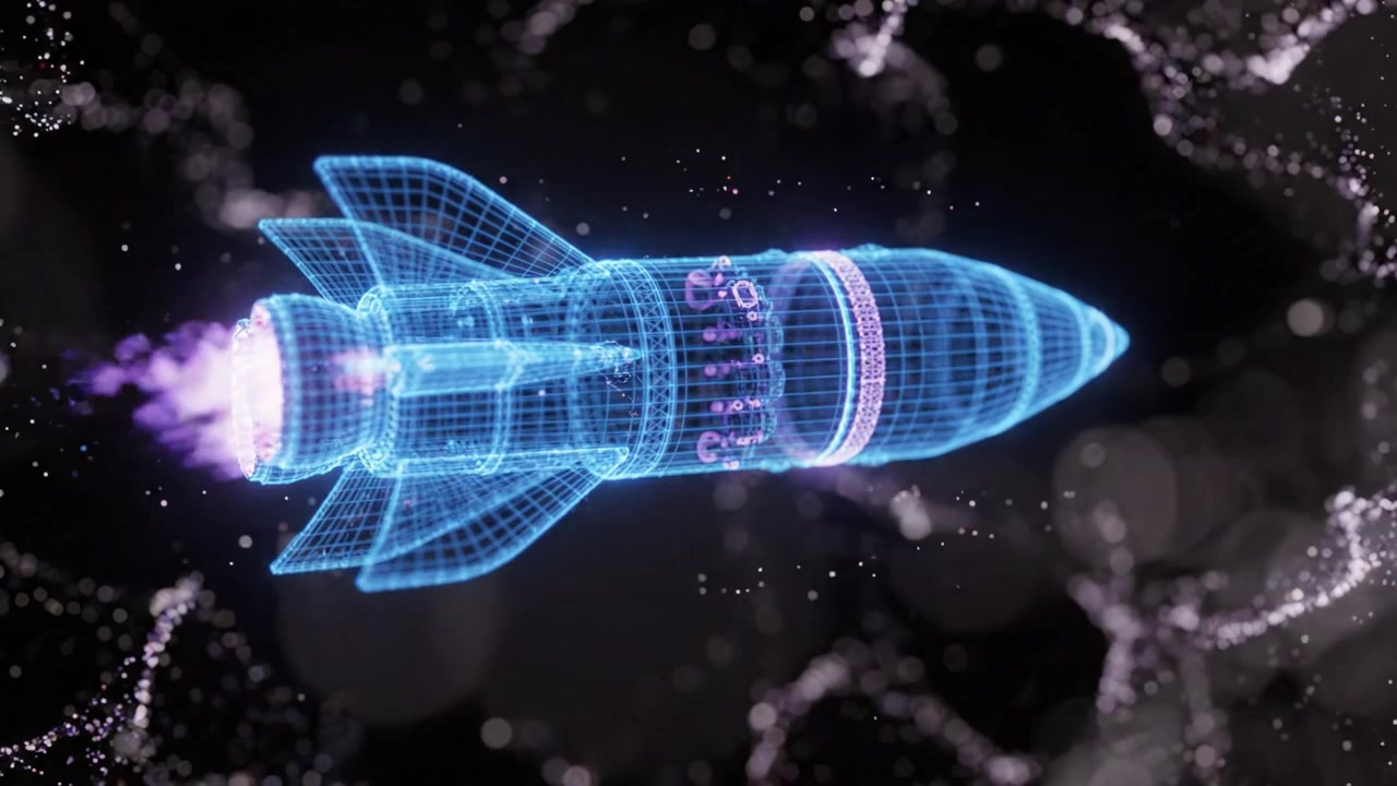 Visualizzazione 3D Dinamica di un Razzo Futuristico in un Ambiente Cosmico con un'Estetica High-Tech e Sbalorditivi Effetti Particellari per gli Appassionati di Fantascienza