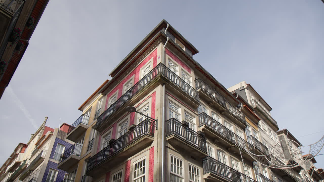 Looking Up At Apartment Building In Historic Center Of Porto In Portugal. low angle shot
