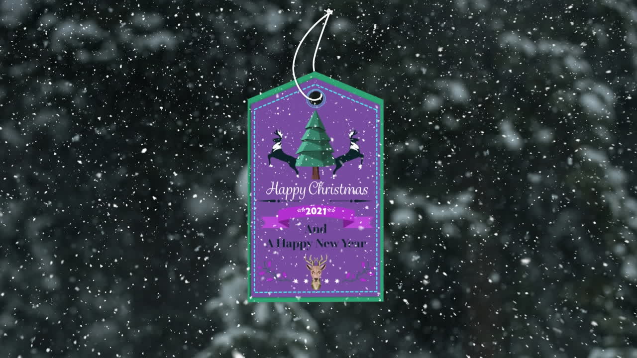 animación de la nieve cayendo sobre la etiqueta actual en el paisaje de invierno