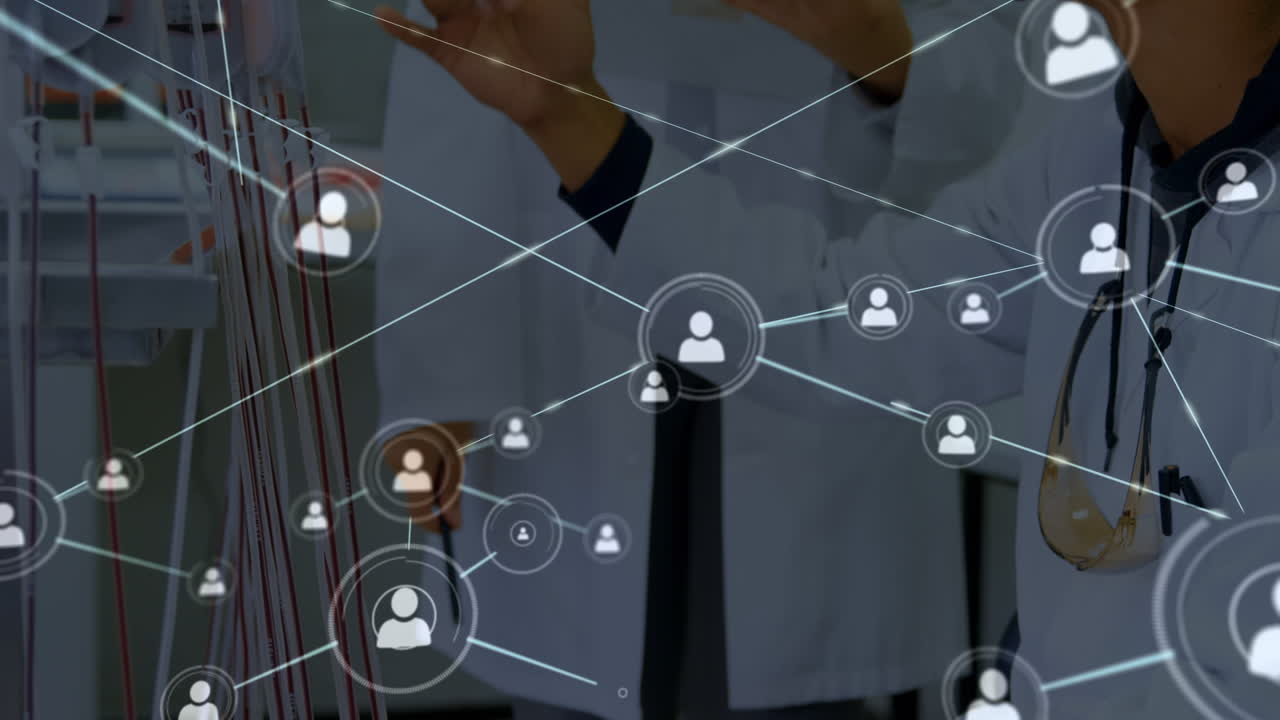 animación de la red de conexiones con las personas iconos sobre diversos científicos