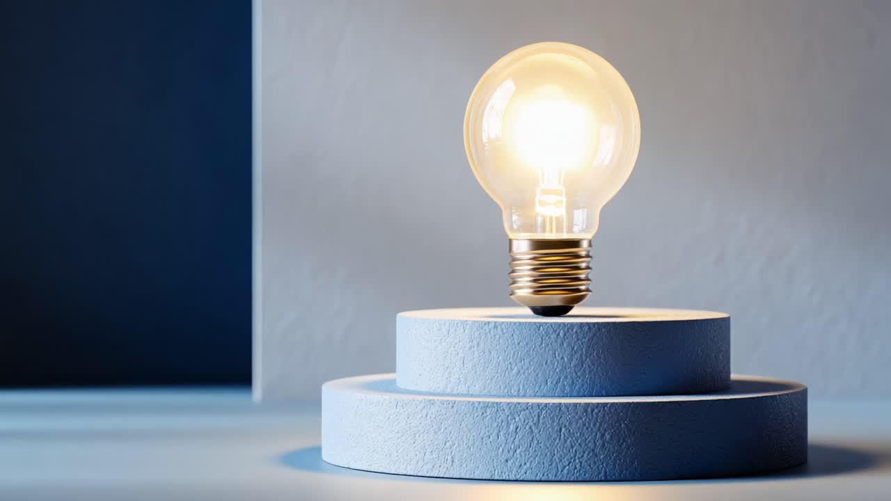 Glowing Light Bulb on a Minimalist Blue Pedestal: A Captivating Display of Illumination and Design Through Two Stunning Frames