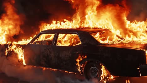 a burnt out car is engulfed by flames on the road