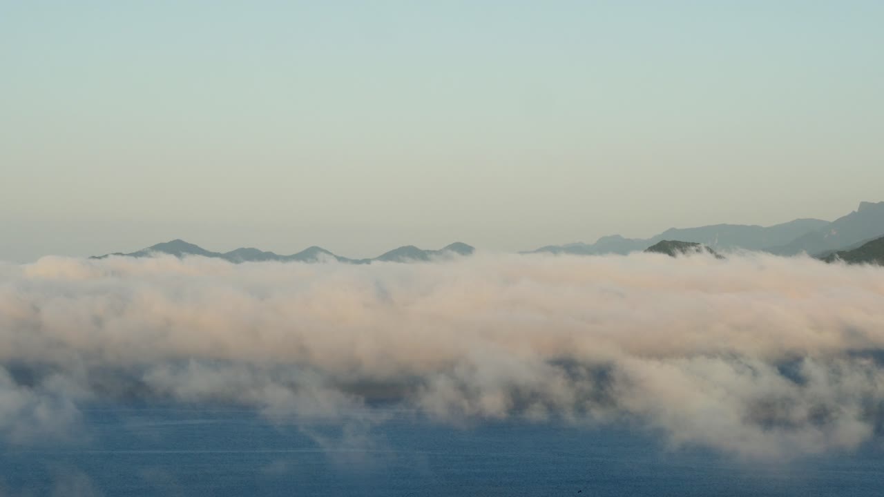 Low clouds and fog over the coast of the south Atlantic Ocean, Brazilian coast in the morning