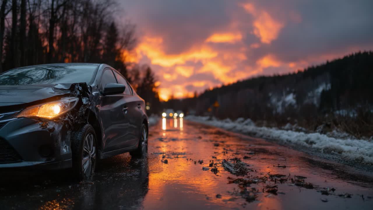 A Dramatic Sunset Over a Crash Scene: A Damaged Vehicle Stands by a Reflective Wet Road as Traffic Approaches Amidst Stunning Cloud Patterns and Vivid Colors