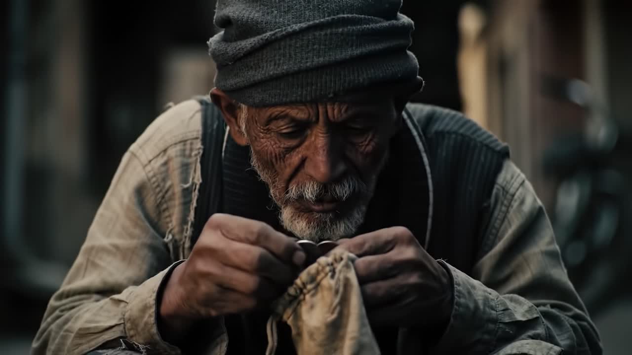 Um senhor idoso se concentra intensamente em costurar uma pequena bolsa enquanto está sentado no chão. A rua tranquila ao seu redor é iluminada pela luz quente do fim da tarde.