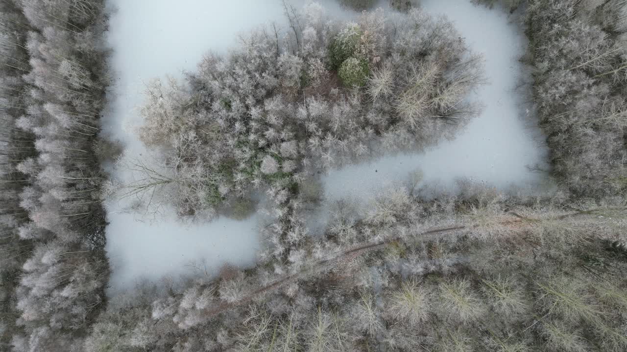 Riprese aeree in 4K di uno stagno ghiacciato coperto di neve durante l'inverno