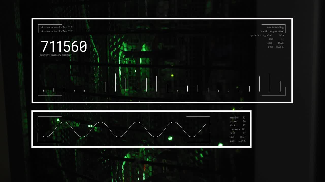 Animation of interface with data processing against close up of a computer server