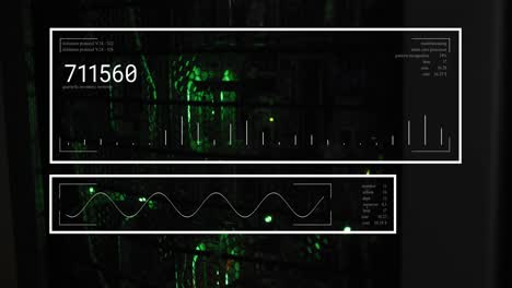 animación de la interfaz con el procesamiento de datos frente al primer plano de un servidor de computadora.