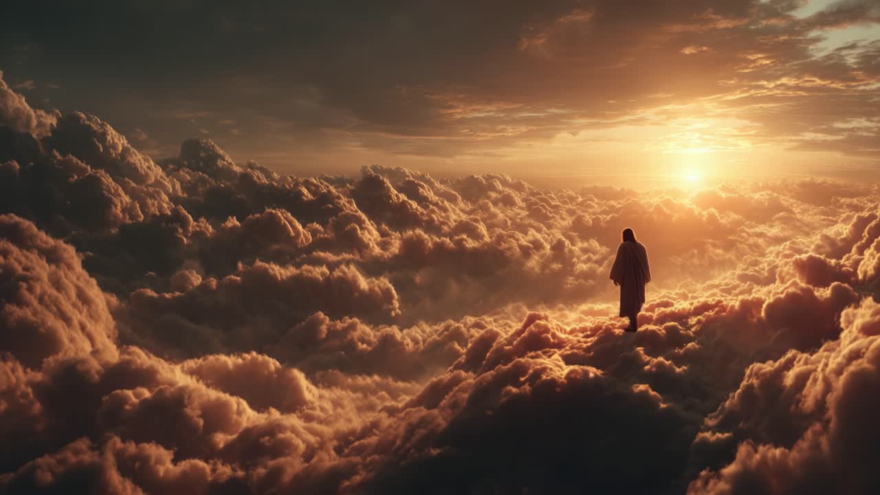 A Solemn Figure Stands Amidst a Expanse of Golden Clouds as the Sun Sets, Casting a Warm Glow Over the Ethereal Landscape of Nature's Serenity