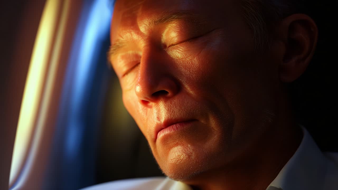 A Pensive Moment: Capturing the Internal Reflection and Emotional Depth of a Man Lost in Thought During a Journey, Illuminated by the Soft Glow of Cabin Light and Shadows