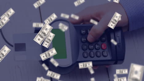 animation of floating dollars over payment terminal
