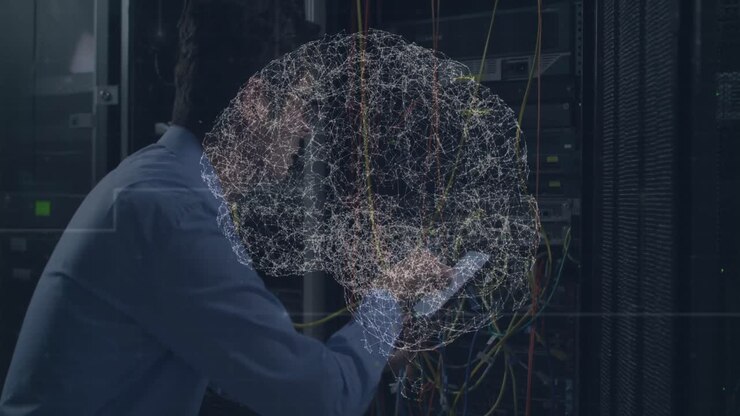 Animation of digital brain over asian man in server room