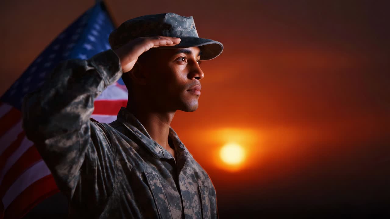 A solemn military salute is performed by a soldier against a striking sunset backdrop, capturing a moment of honor and respect as the sun sets behind him with the American flag billowing in the wind