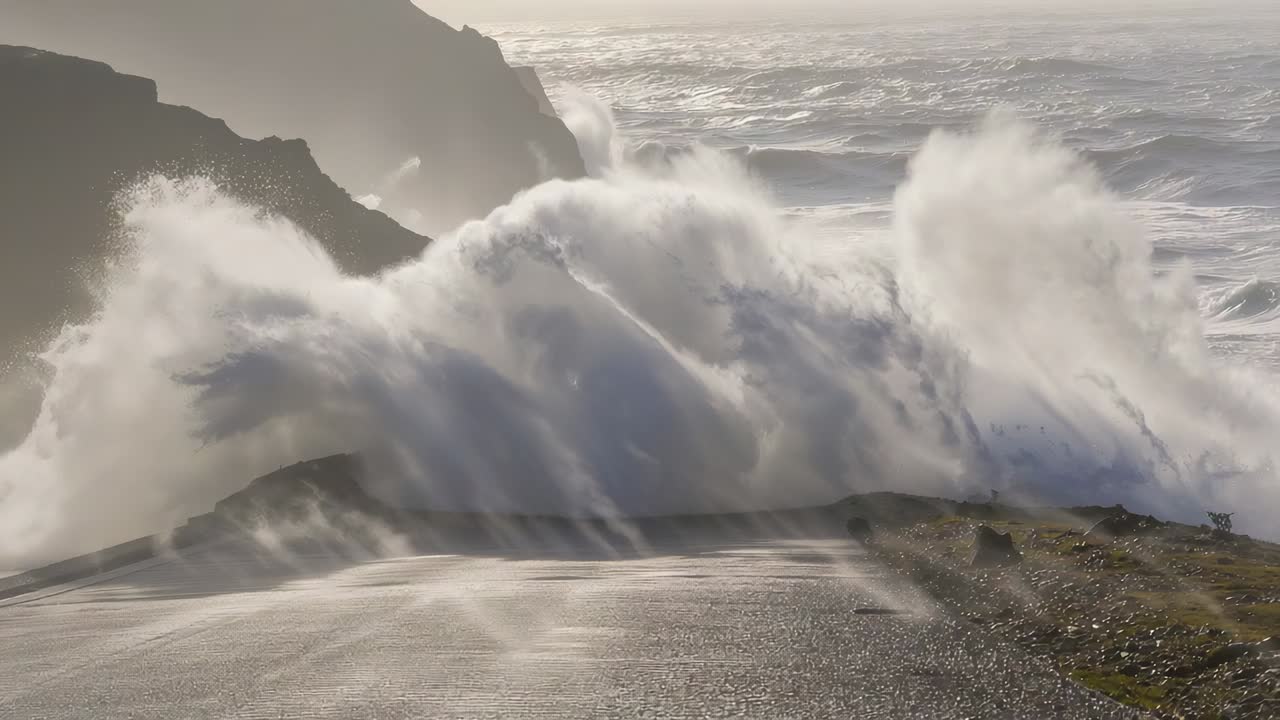 Rising ocean swell surging over coastal road, crashing against cliff face then receding with mist