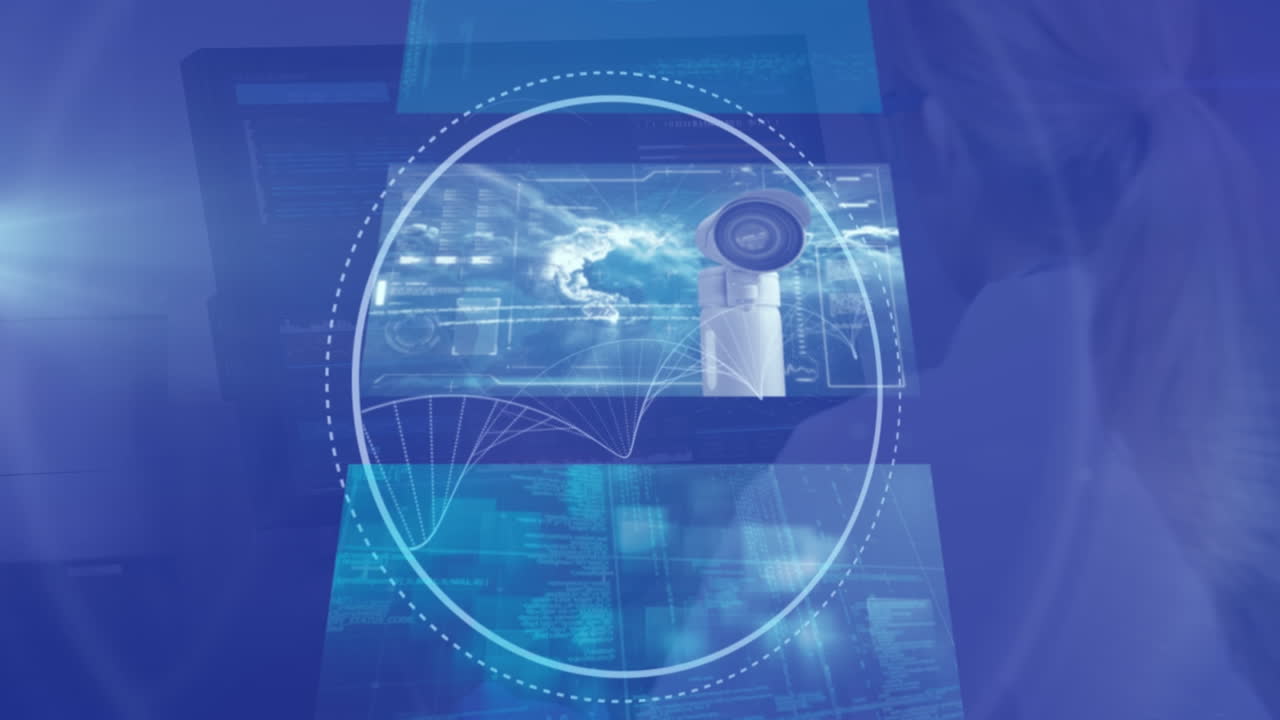 animación de pantallas digitales con datos científicos en espacio azul