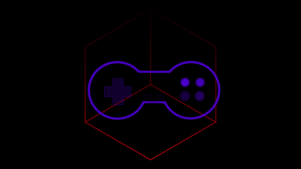 Animation of neon game pad over geometrical shapes on dark background