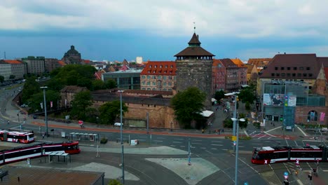 4K Aerial Drone Video of the Trains and Busses in Downtown Nurnberg, Germany
