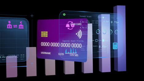 animation of credit card over financial data processing on black background