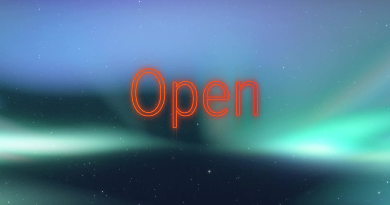 Animation of neon orange open text banner against glowing light spot against blue background