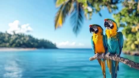 two colorful macaws perched above a tropical beach