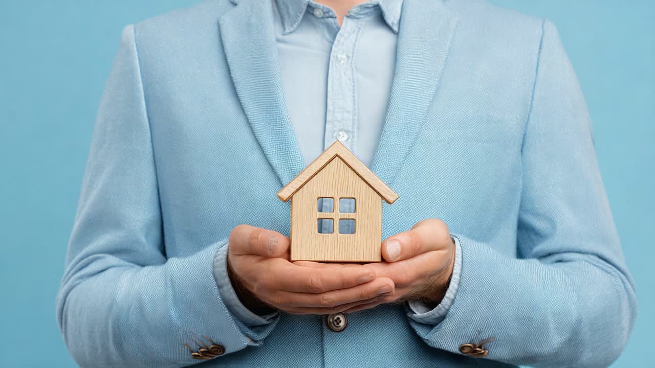 Un professionista che tiene in mano un modellino di casa in legno, a simboleggiare il settore immobiliare, l'investimento e la proprietà di una casa, su uno sfondo blu tenue.