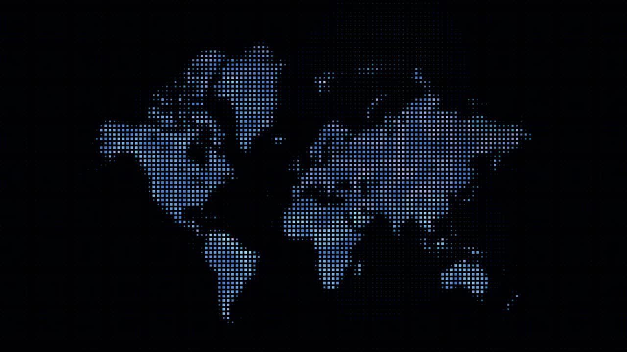 Pixelated animated world map, digital grid pattern, data visualization concept on a dark background
