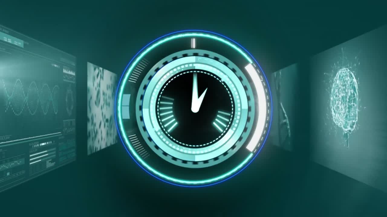 Animation of scope scanning with clock over moving screens on black background