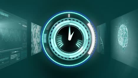 animation of scope scanning with clock over moving screens on black background