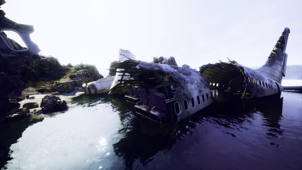 Abandoned Airplane Wreckage in a Coastal Environment