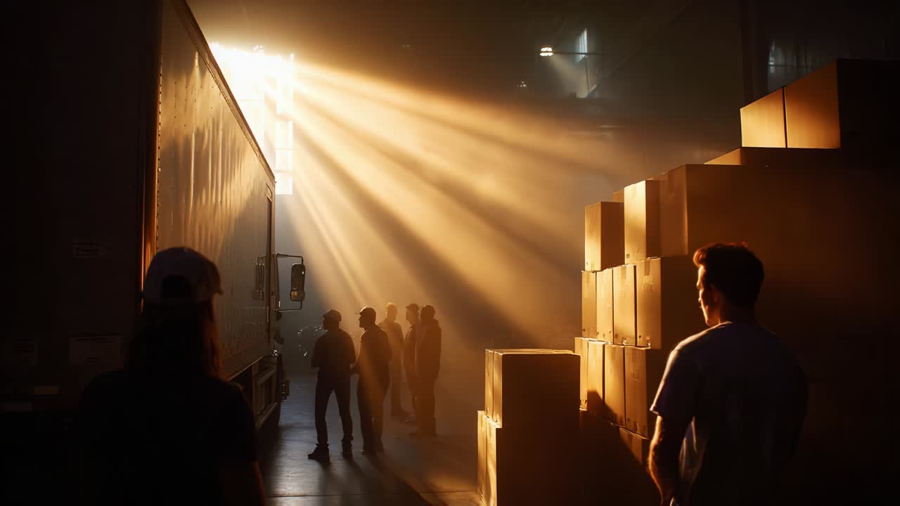 A mesmerizing scene illuminated by golden rays of light filtering through a large warehouse, highlighting silhouettes of workers and stacked boxes, creating a captivating atmosphere of industrial beauty