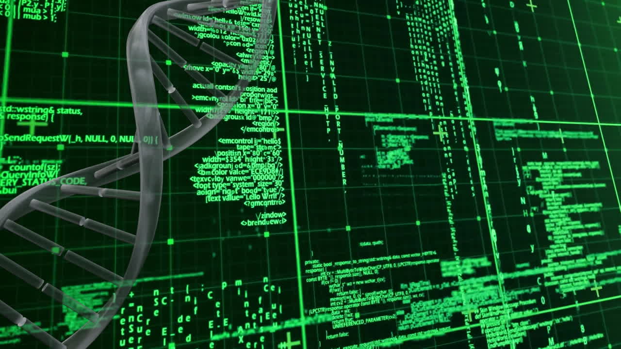 Animated DNA strand with binary coding for scientific data processing