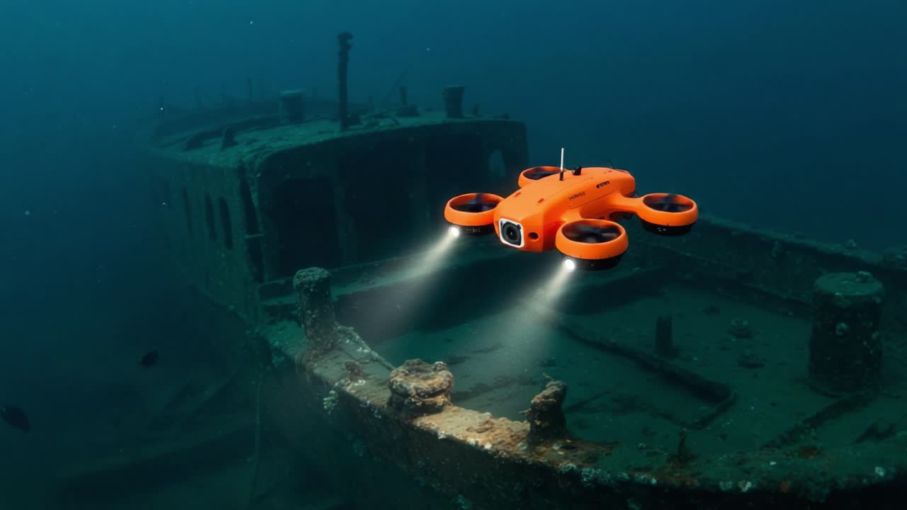 An Underwater Exploration of a Shipwreck: Advanced Drone Captures Stunning Views of a Submerged Vessel Enveloped by Mysterious Ocean Depths