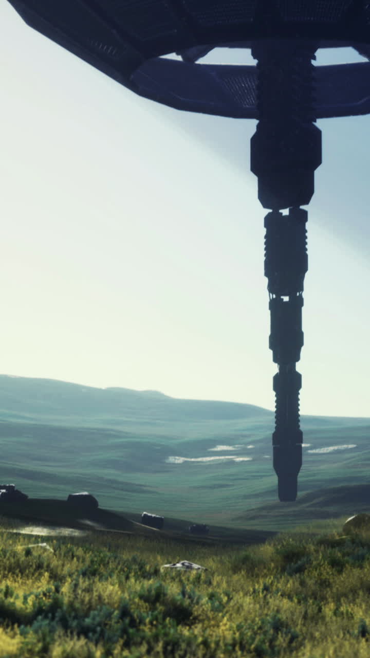 Spectacular alien ship hovers over a serene landscape during daylight hours